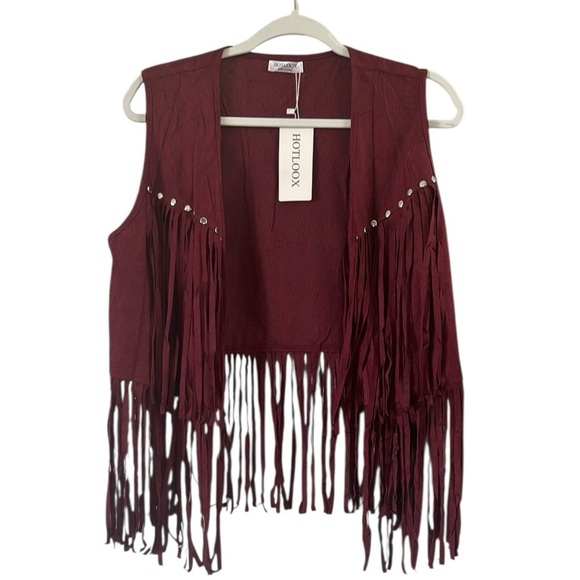 Jackets & Blazers - Burgundy Fringe Vest with Stud Accents size Medium Festival Rodeo Boho Cowgirl
